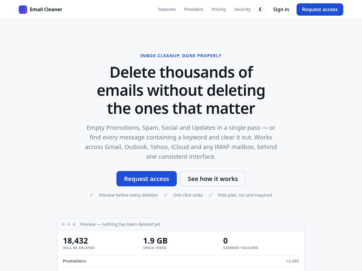 Landing-page snapshot of emailcleaner.xyz