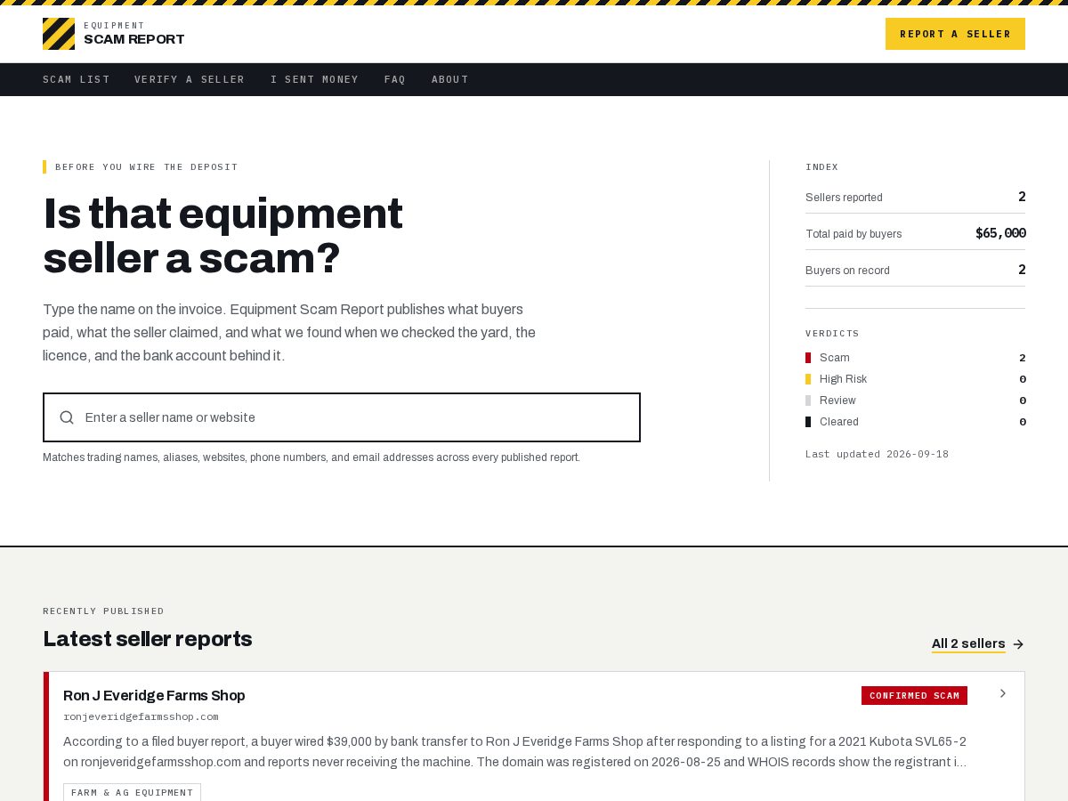 Landing-page snapshot of equipmentscamreport.com