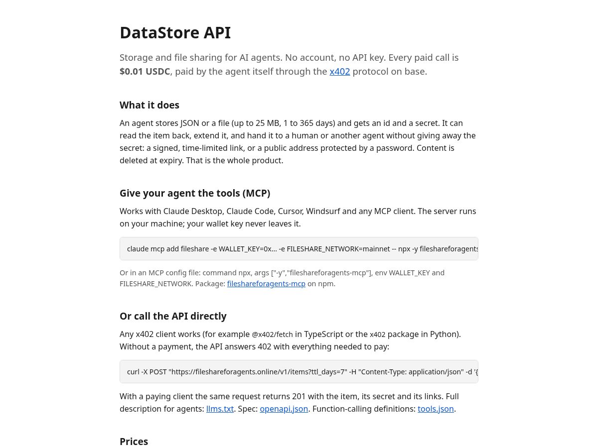 Landing-page snapshot of fileshareforagents.online