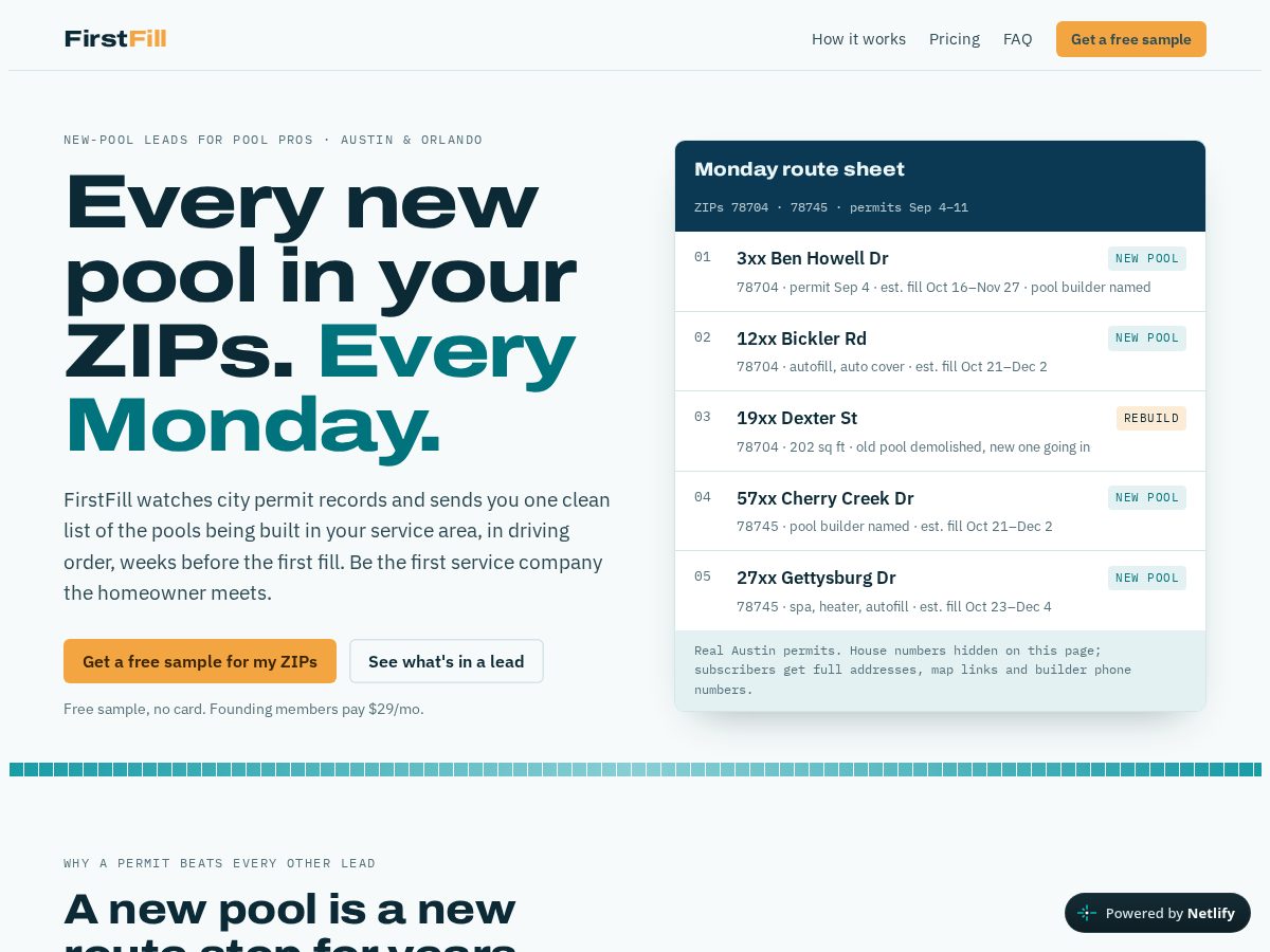Landing-page snapshot of firstfillpools.com