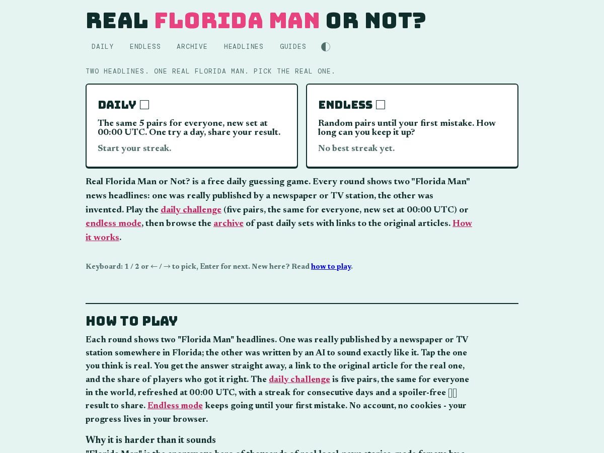Landing-page snapshot of floridamanornot.com