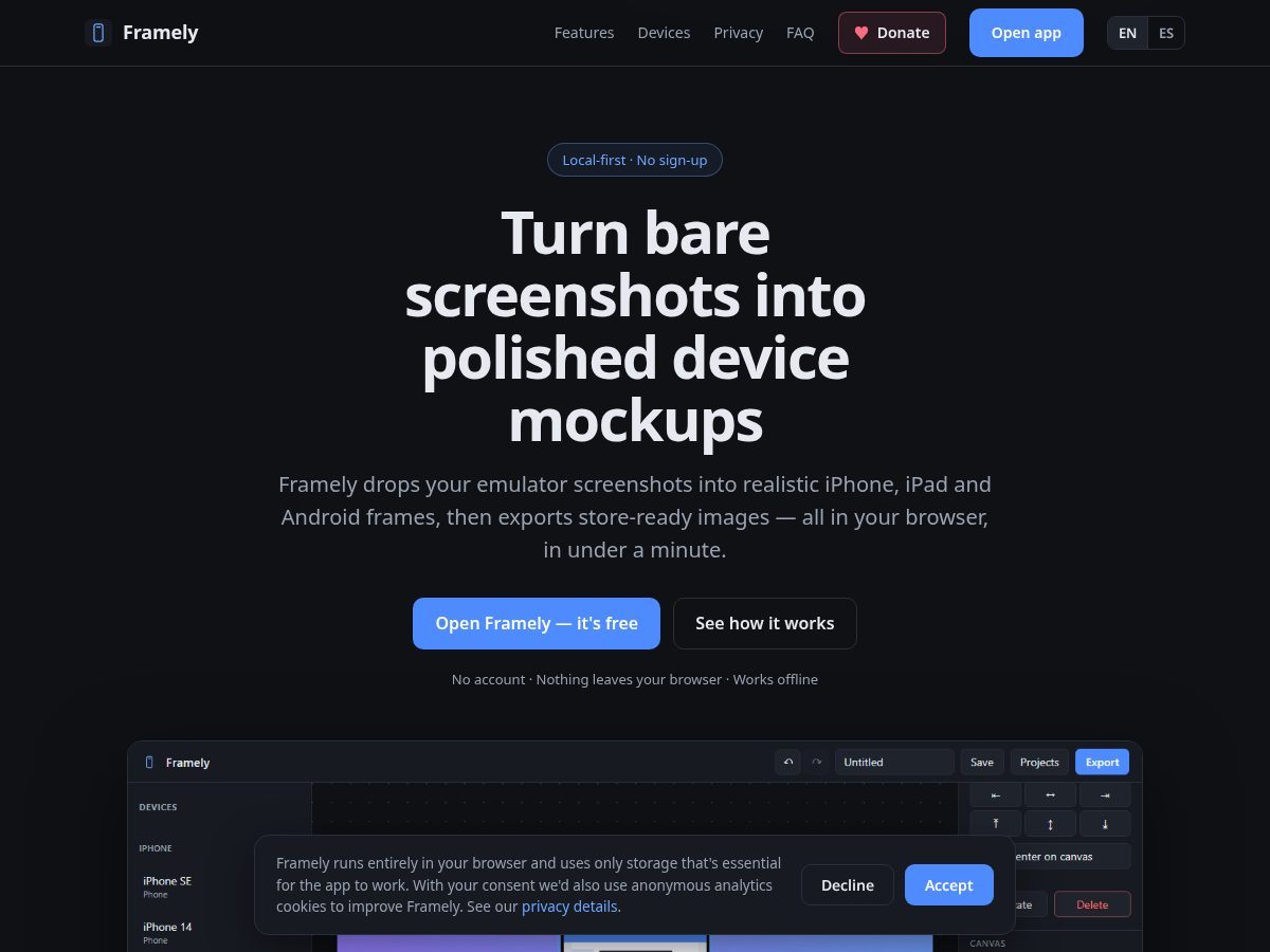 Landing-page snapshot of framely.tools