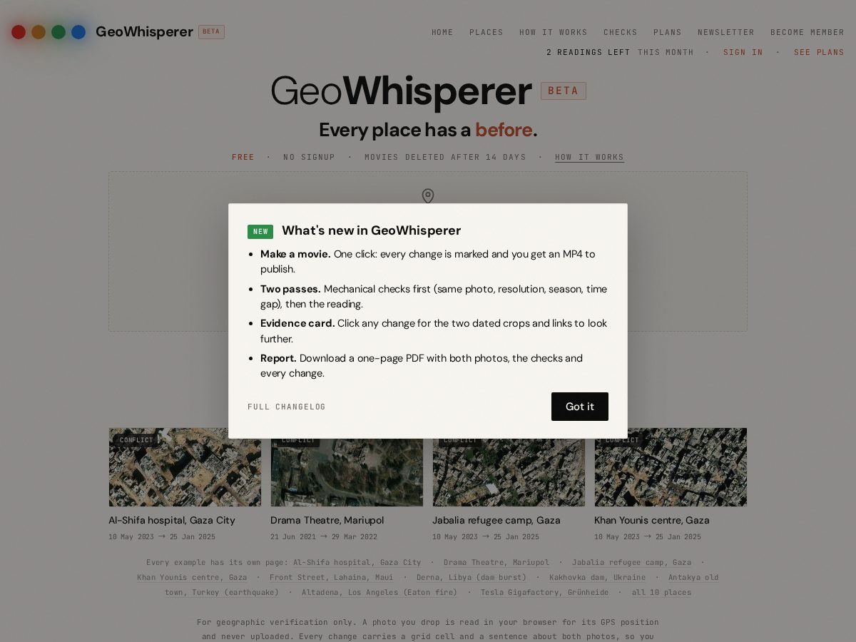 Landing-page snapshot of geowhisperer.org