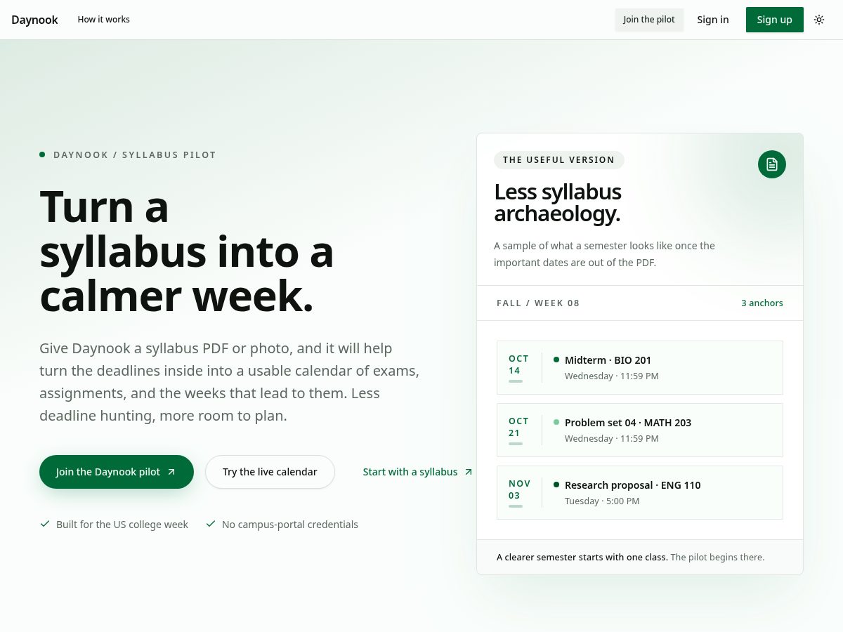 Landing-page snapshot of getdaynook.com