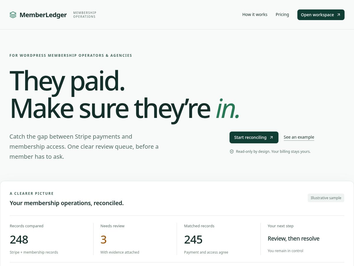 Landing-page snapshot of getmemberledger.com