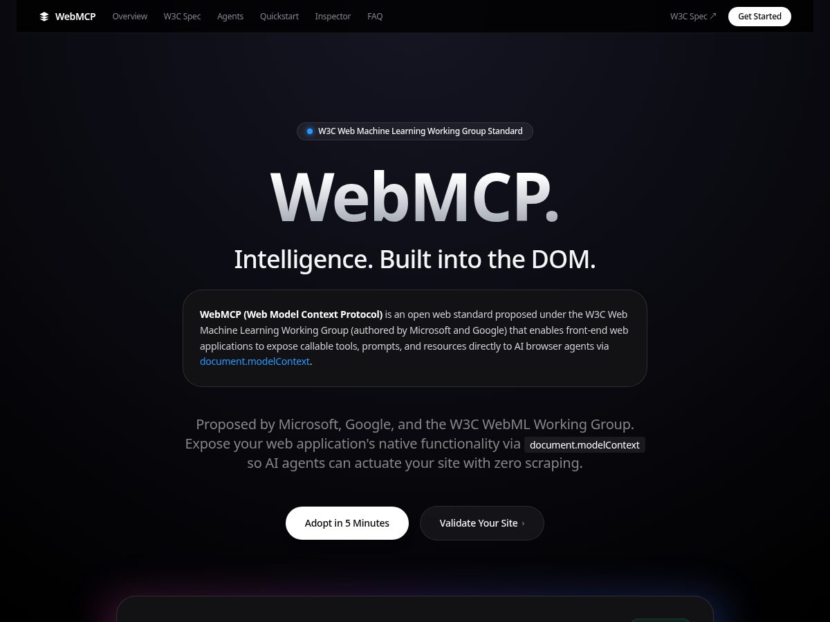 Landing-page snapshot of getwebmcp.dev