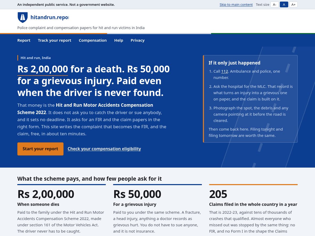 Landing-page snapshot of hitandrun.report