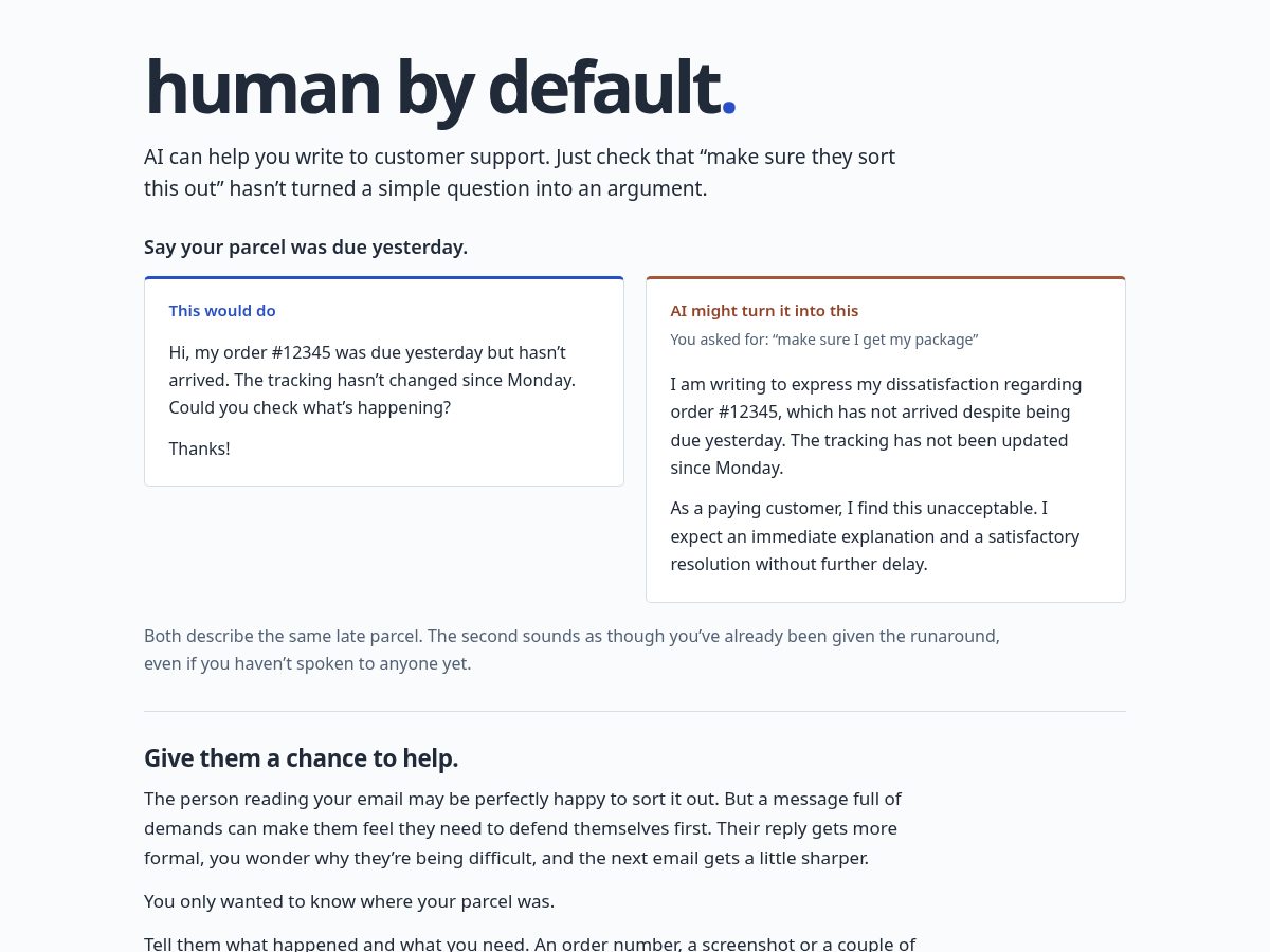 Landing-page snapshot of humanbydefault.fyi