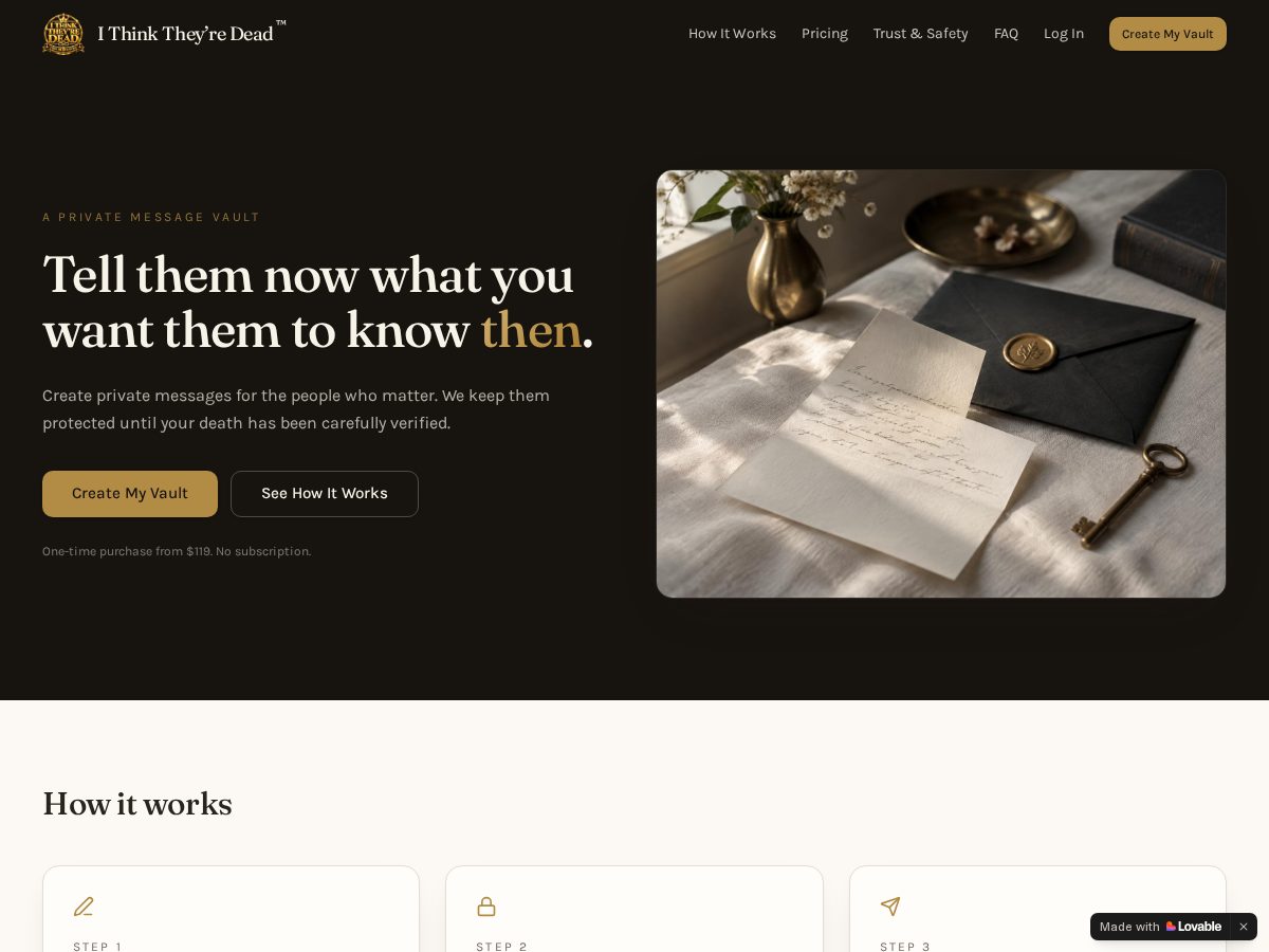 Landing-page snapshot of ithinktheirdead.com