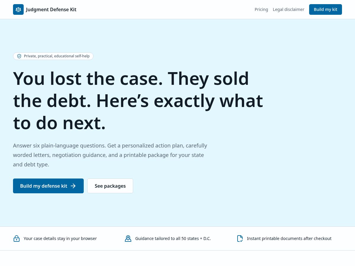 Landing-page snapshot of judgmentdefensekit.com