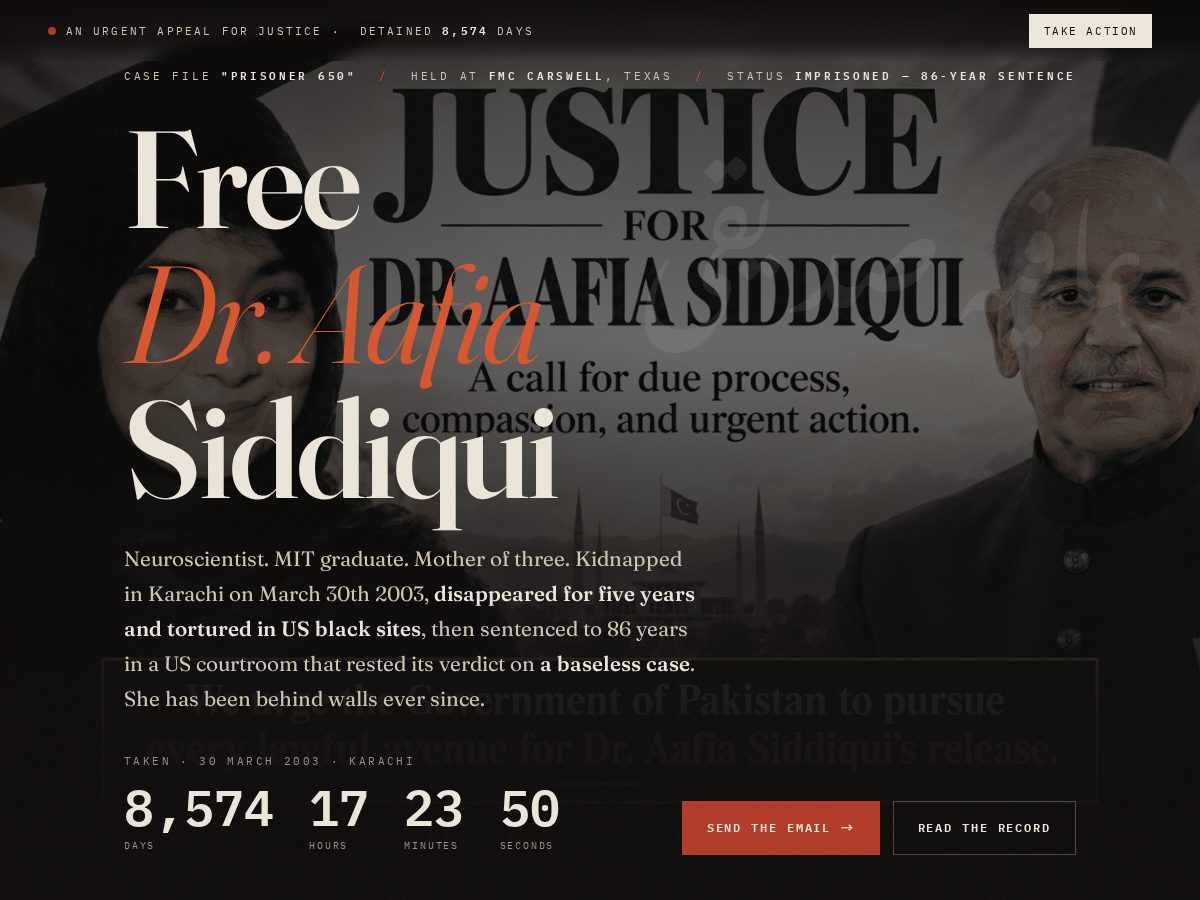 Landing-page snapshot of justiceforaafia.com