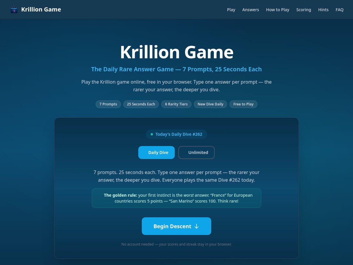 Landing-page snapshot of krilliongame.org