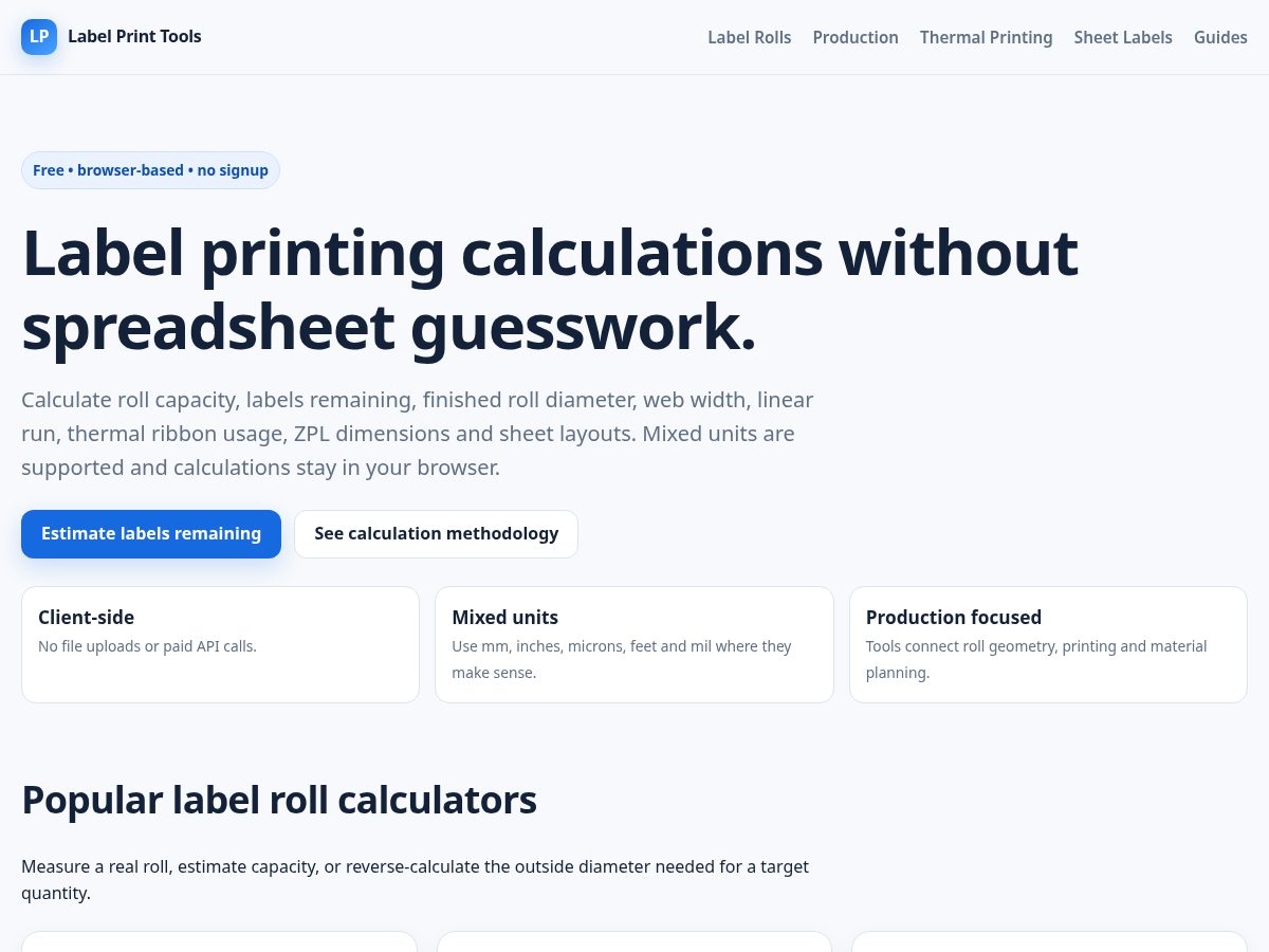 Landing-page snapshot of labelprinttools.com