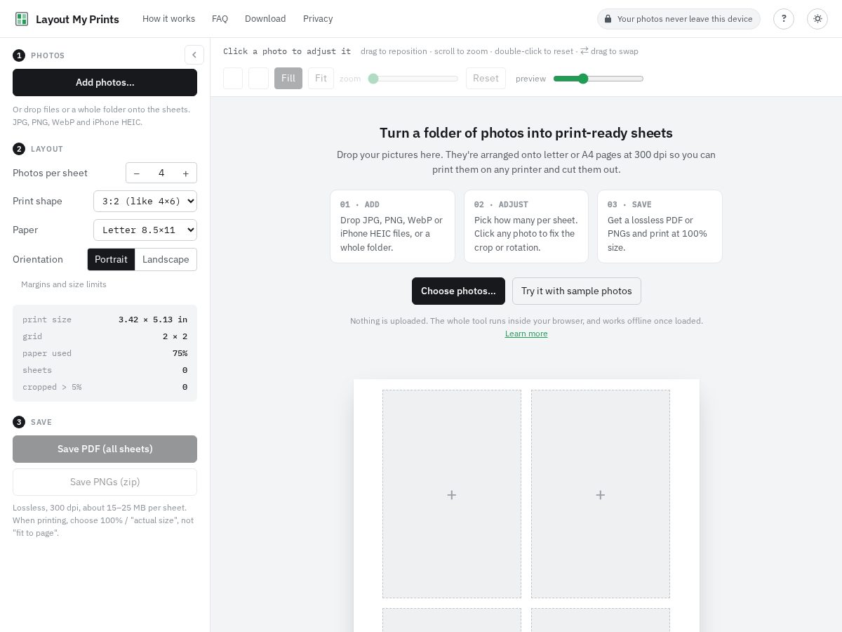 Landing-page snapshot of layoutmyprints.com