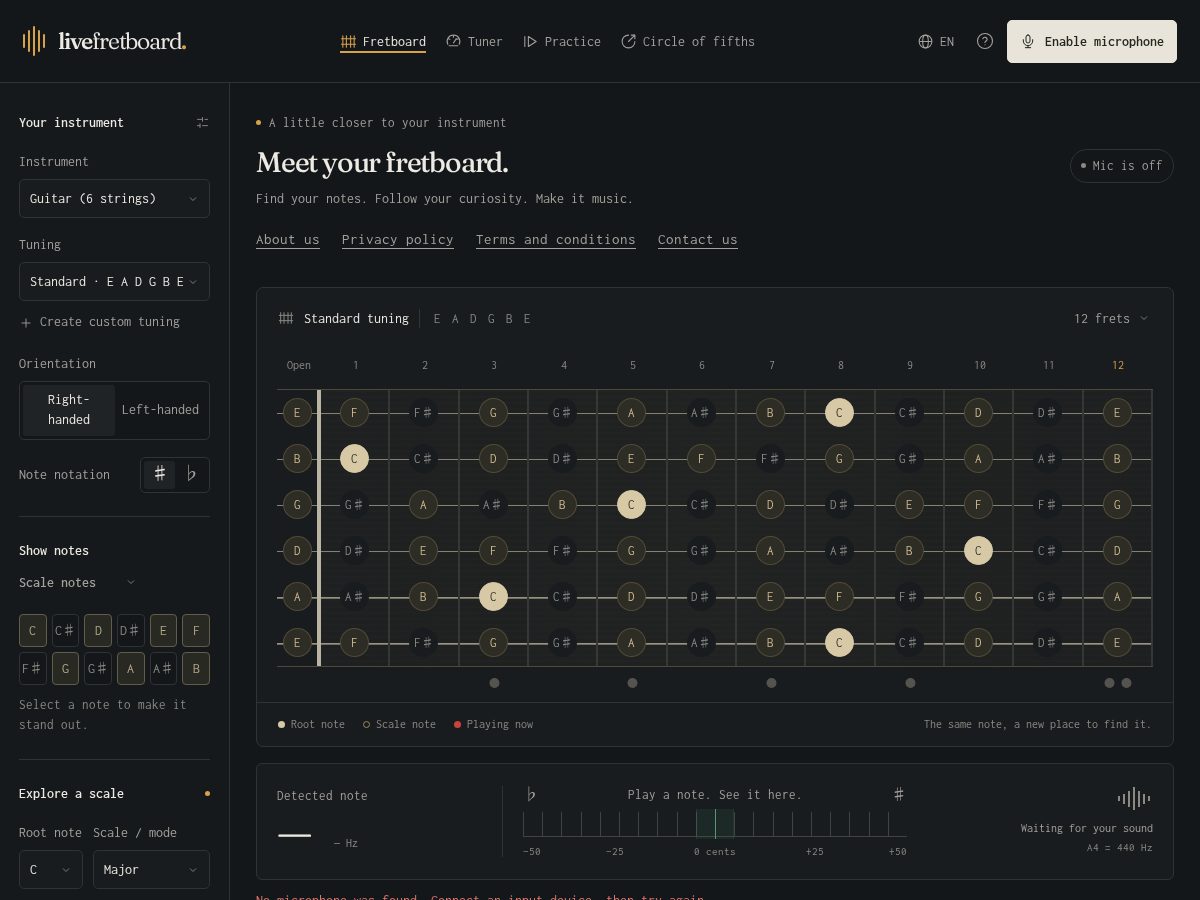 Landing-page snapshot of livefretboard.com