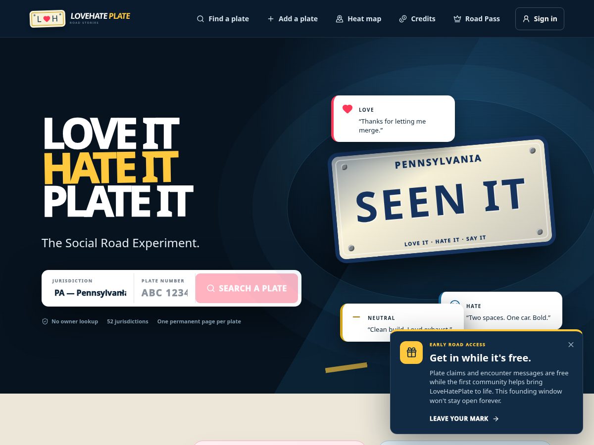 Landing-page snapshot of lovehateplate.com
