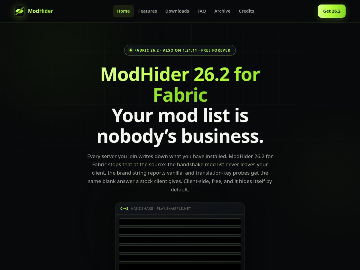 Landing-page snapshot of modhider.org
