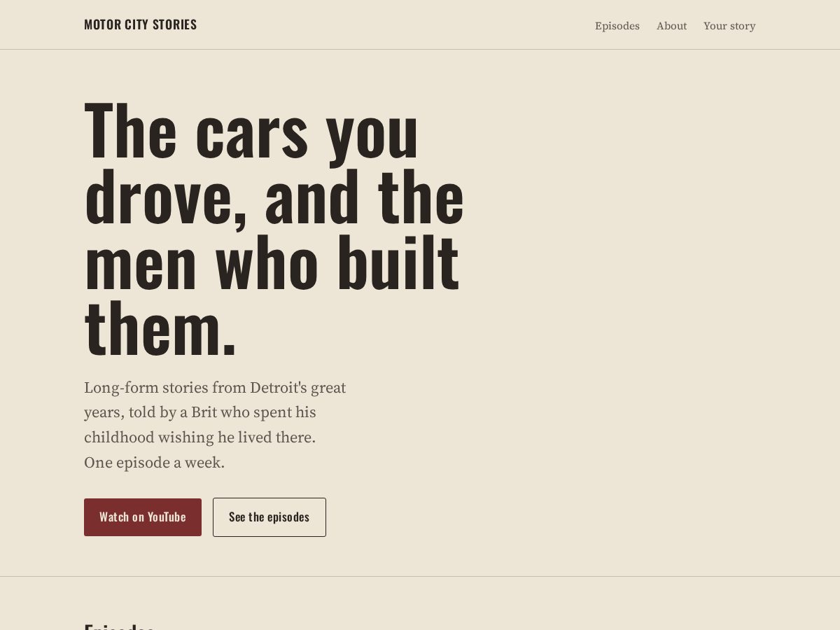 Landing-page snapshot of motorcitystories.com