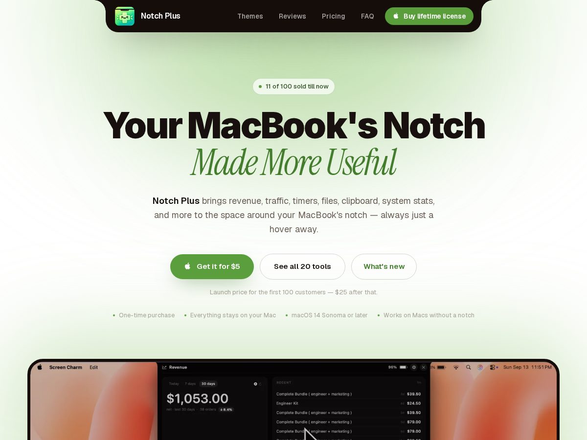 Landing-page snapshot of notchplus.com