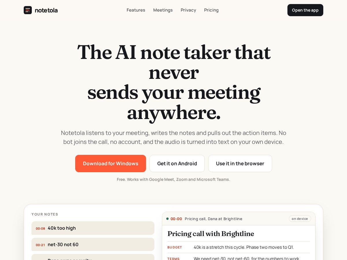 Landing-page snapshot of notetola.com