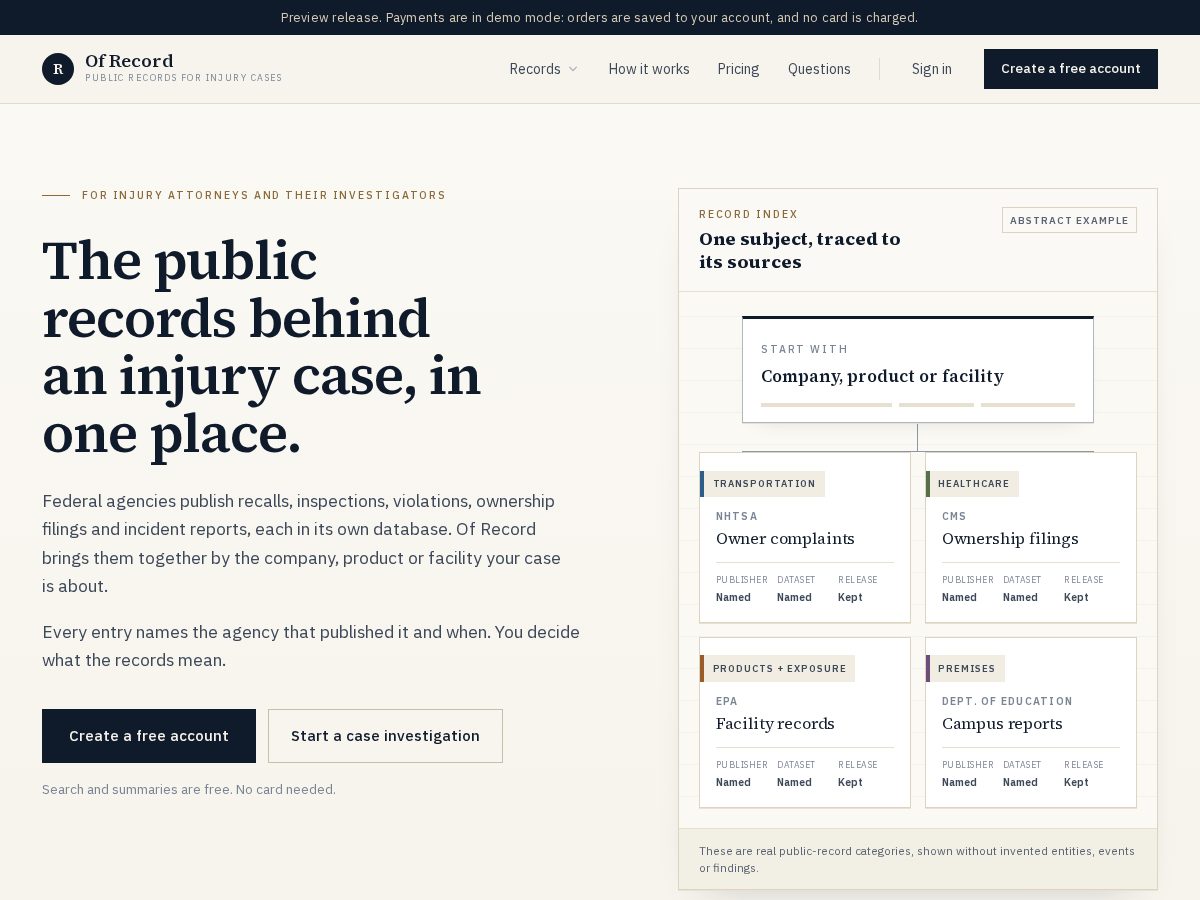 Landing-page snapshot of ofrecord.legal