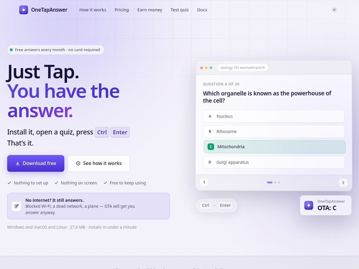 Landing-page snapshot of onetapanswer.com