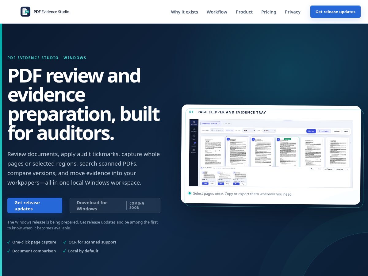 Landing-page snapshot of pdfevidencestudio.com