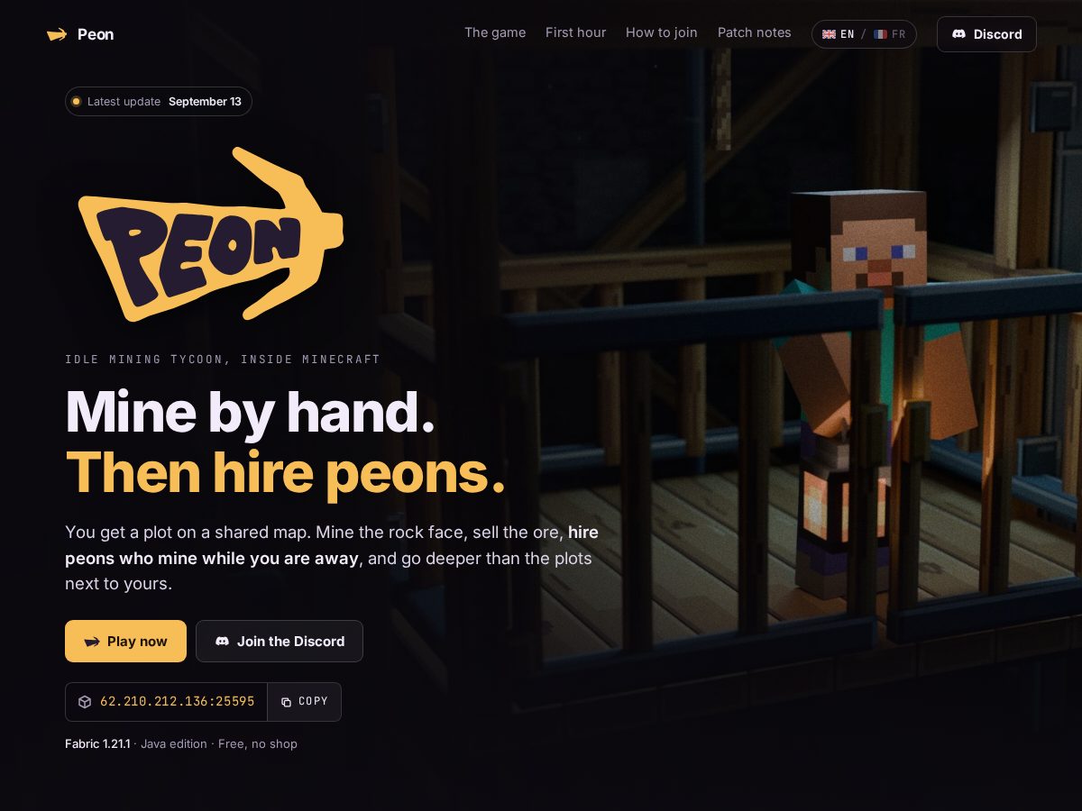 Landing-page snapshot of peonmc.com