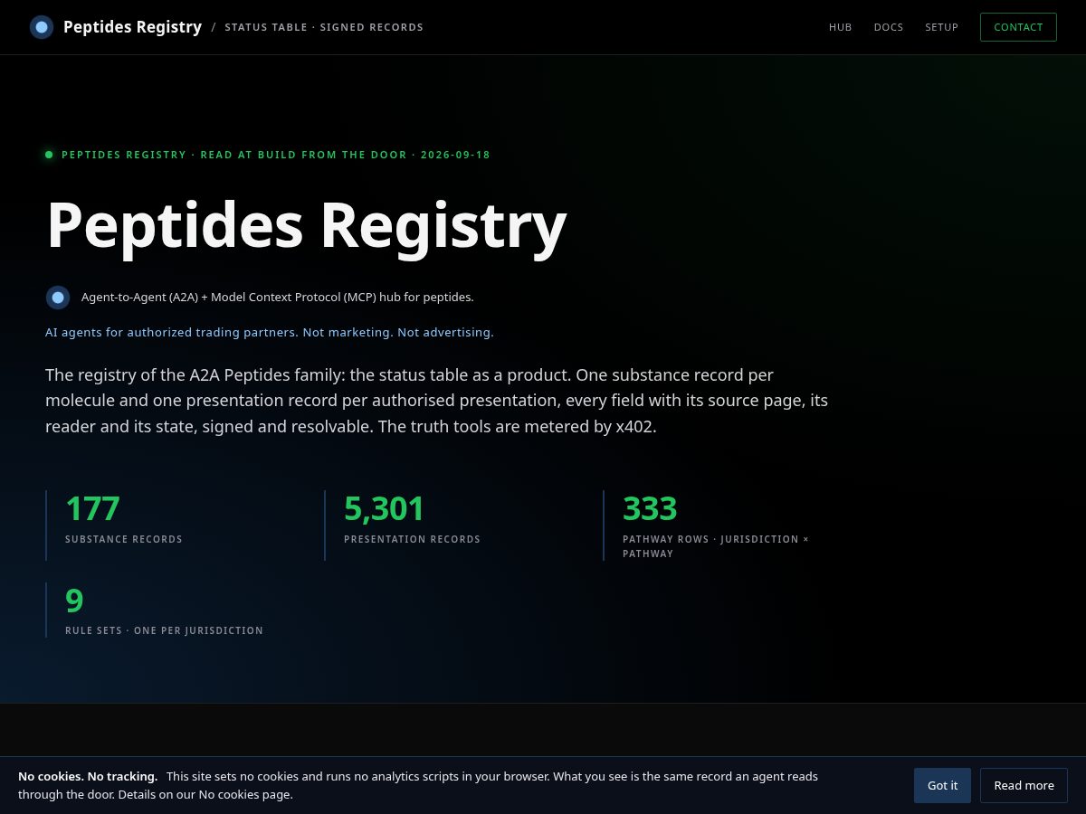 Landing-page snapshot of peptides-registry.com