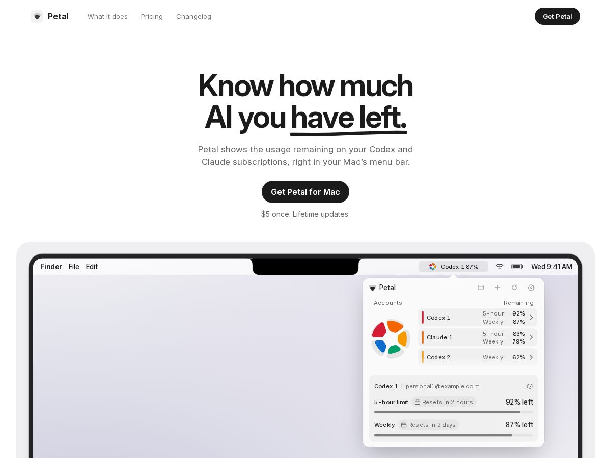 Landing-page snapshot of petal.bar