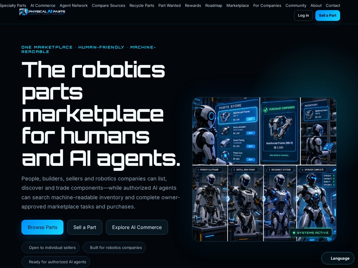 Landing-page snapshot of physicalaiparts.com