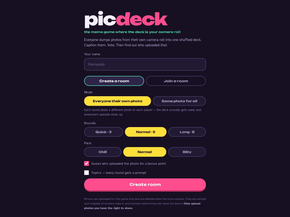 Landing-page snapshot of picdeck.lol