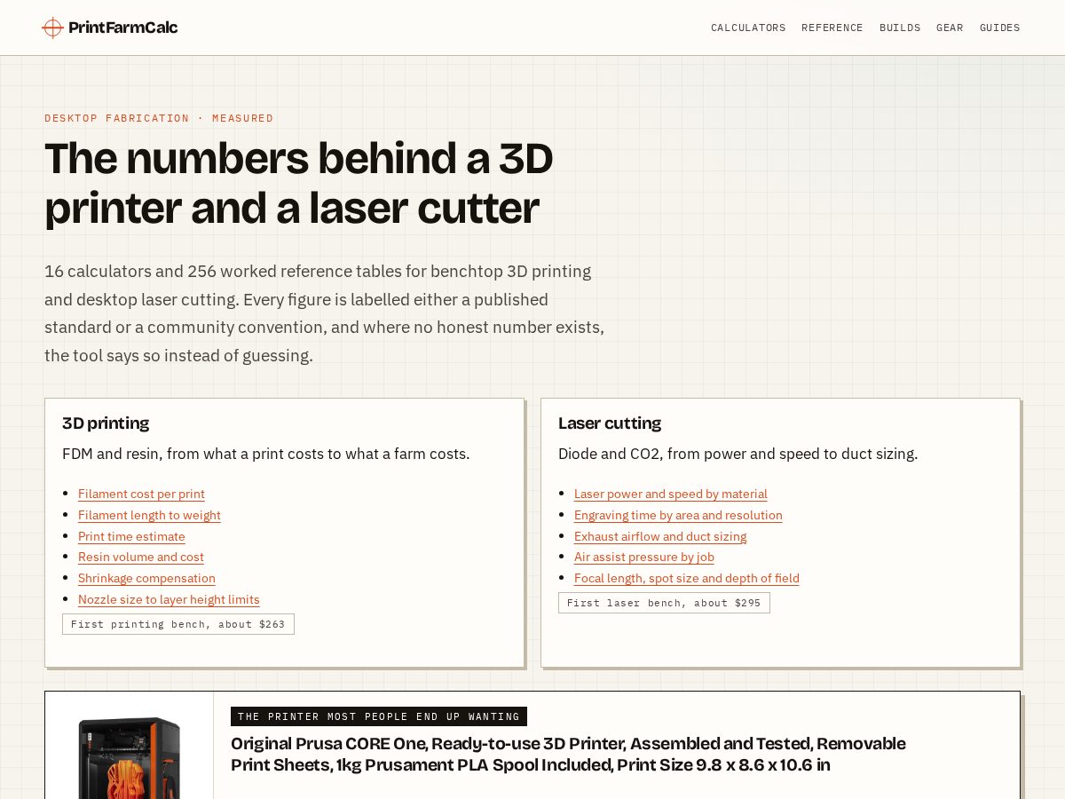 Landing-page snapshot of printfarmcalc.com