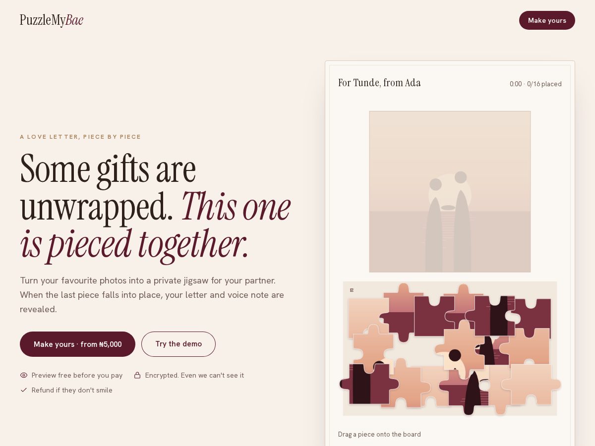 Landing-page snapshot of puzzlemybae.store