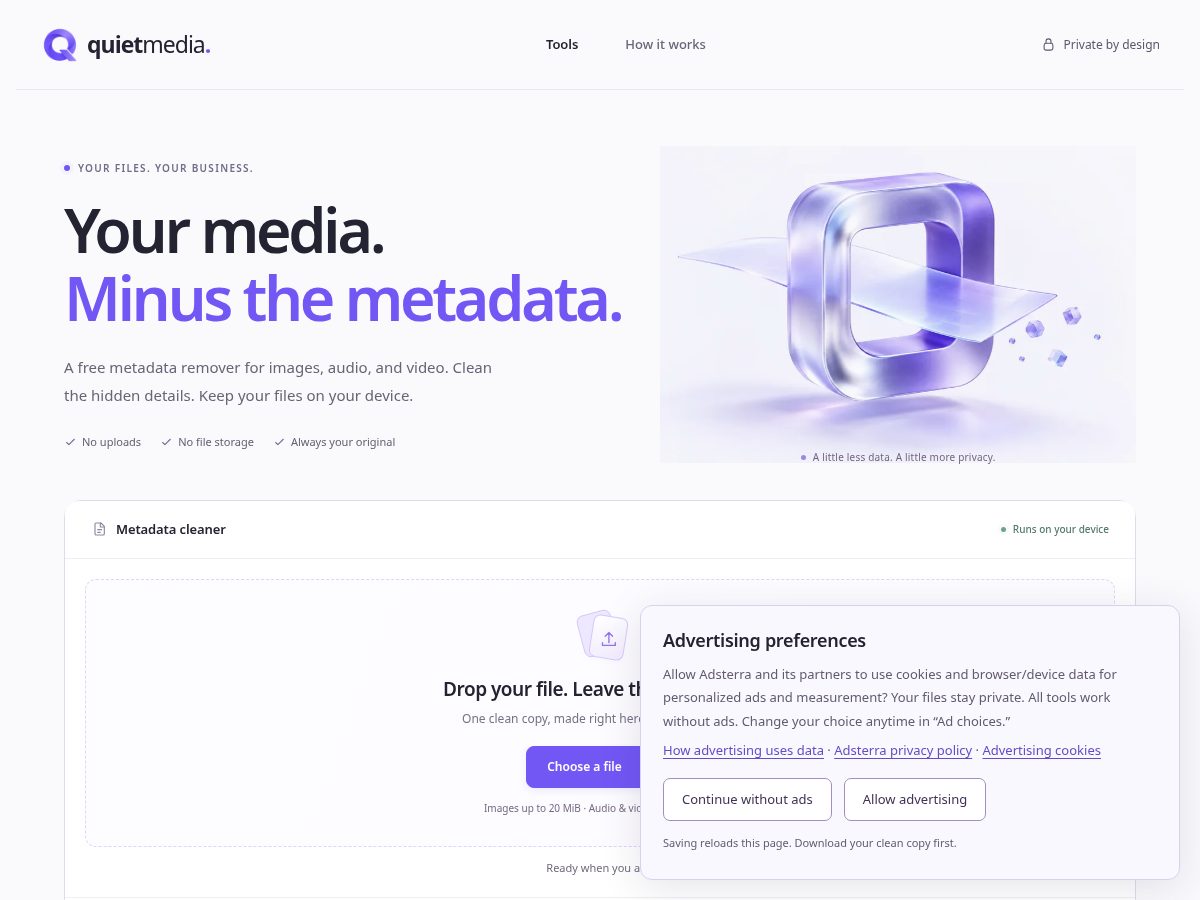 Landing-page snapshot of quietmediatools.com