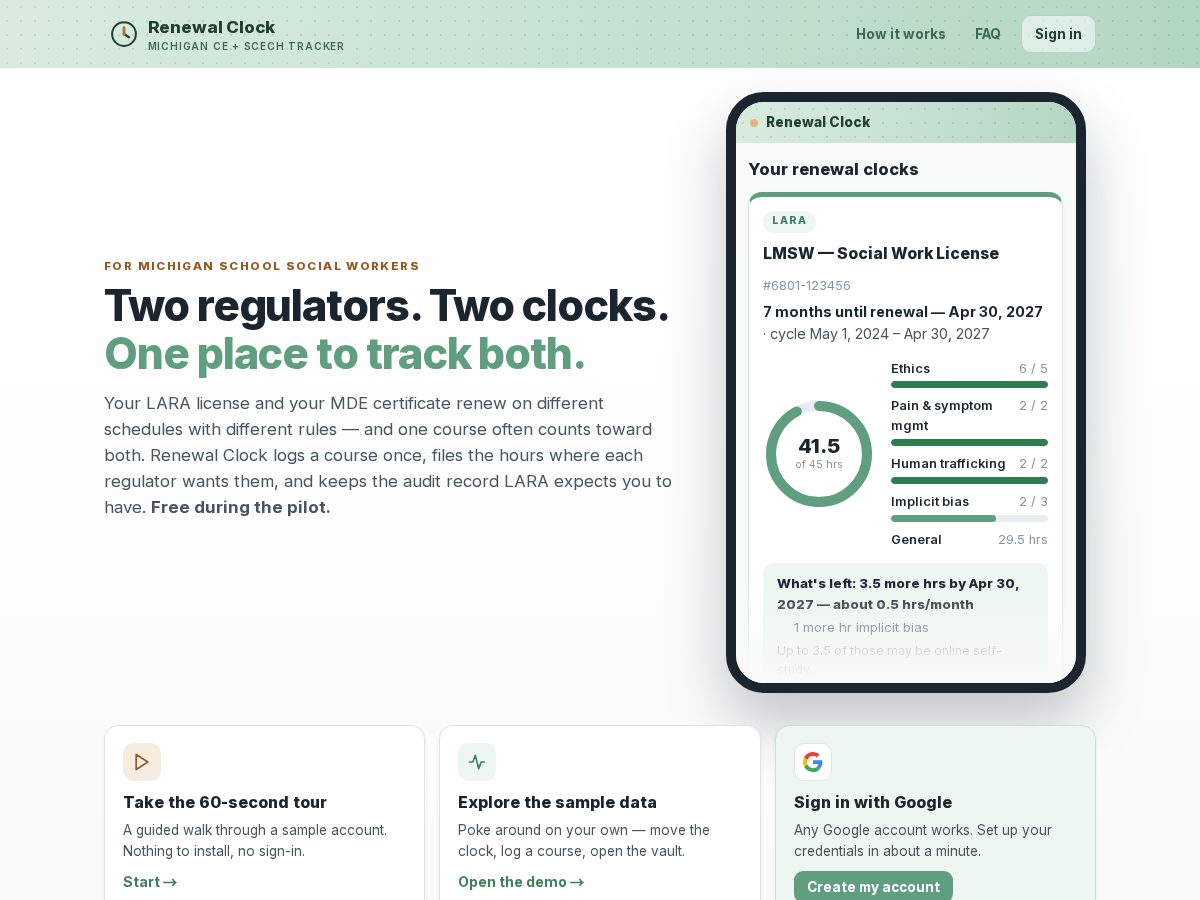 Landing-page snapshot of renewalclock.com