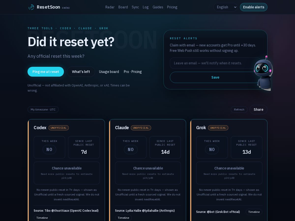 Landing-page snapshot of resetsoon.dev