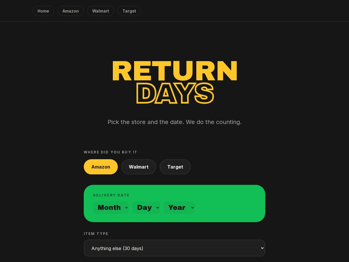 Landing-page snapshot of returndays.com