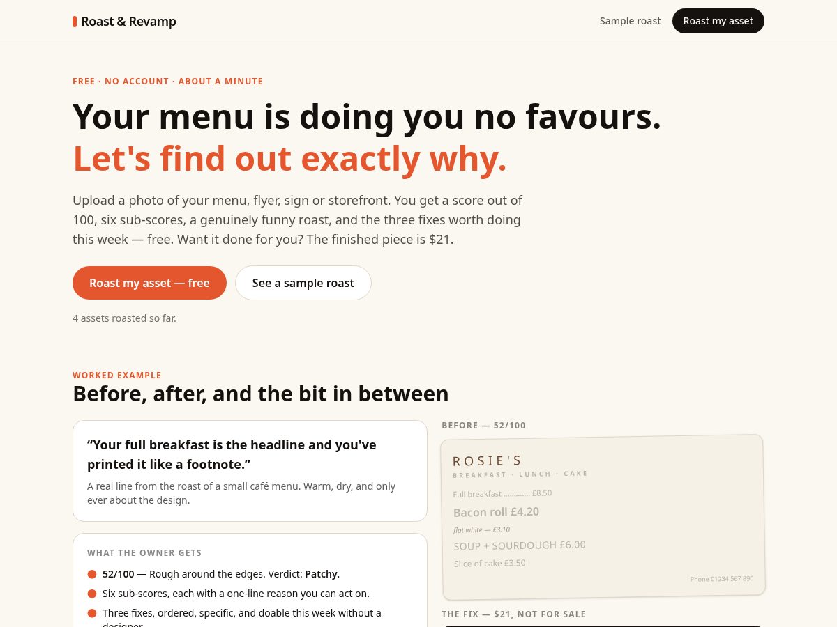 Landing-page snapshot of roastandrevamp.com