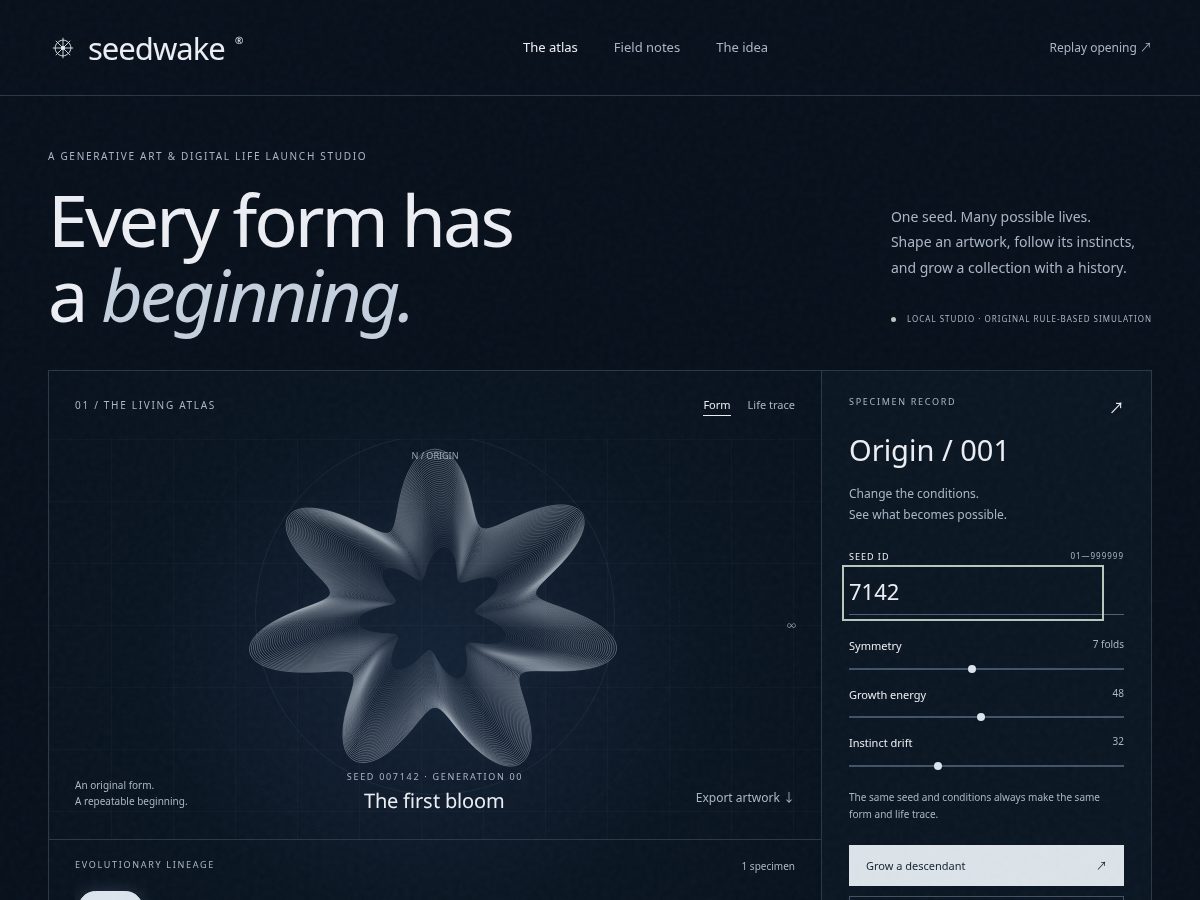Landing-page snapshot of seedwake.xyz