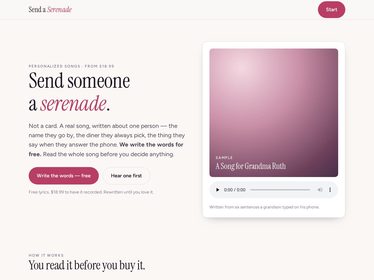 Landing-page snapshot of sendaserenade.com