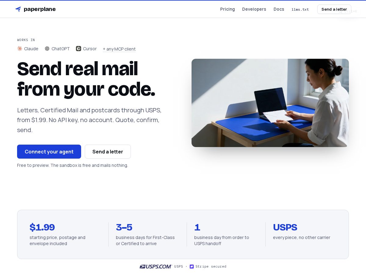 Landing-page snapshot of sendpaperplane.com