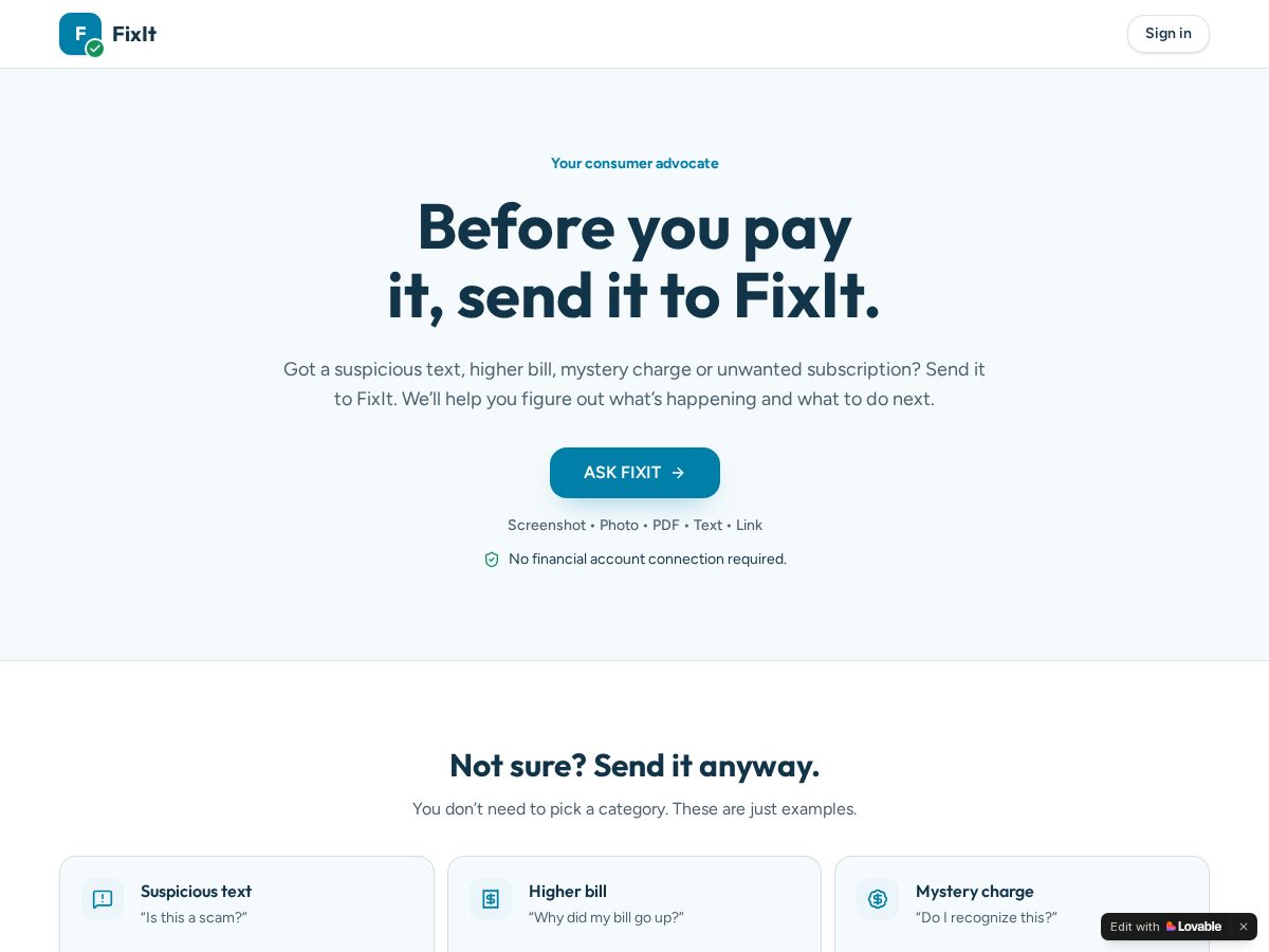 Landing-page snapshot of sendtofixit.com
