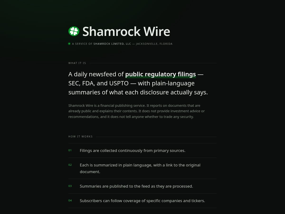 Landing-page snapshot of shamrockwire.com