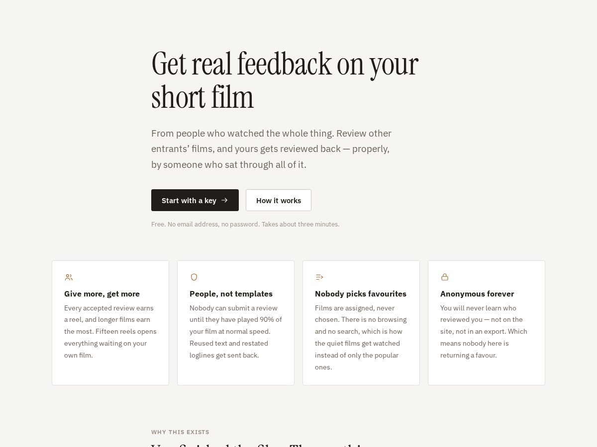 Landing-page snapshot of shortfilmfeedback.com