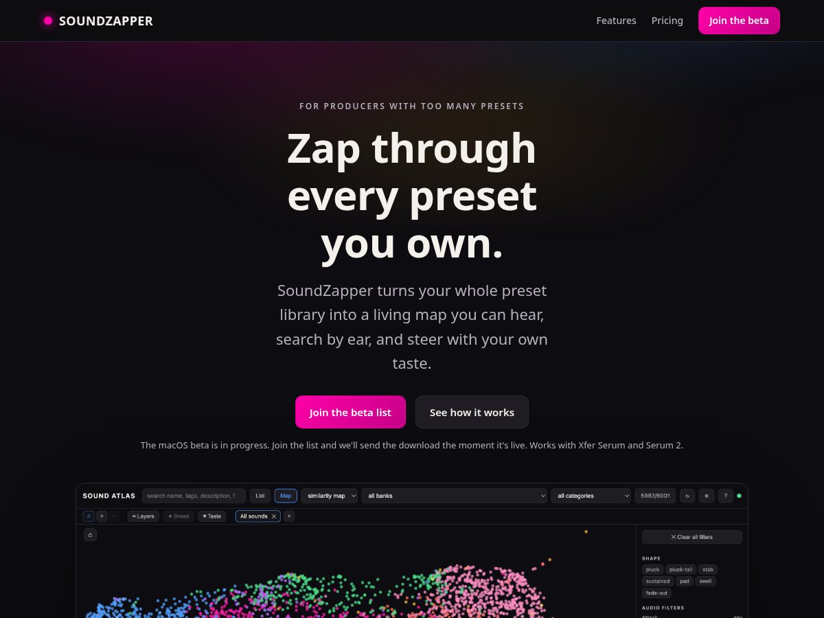 Landing-page snapshot of soundzapper.com