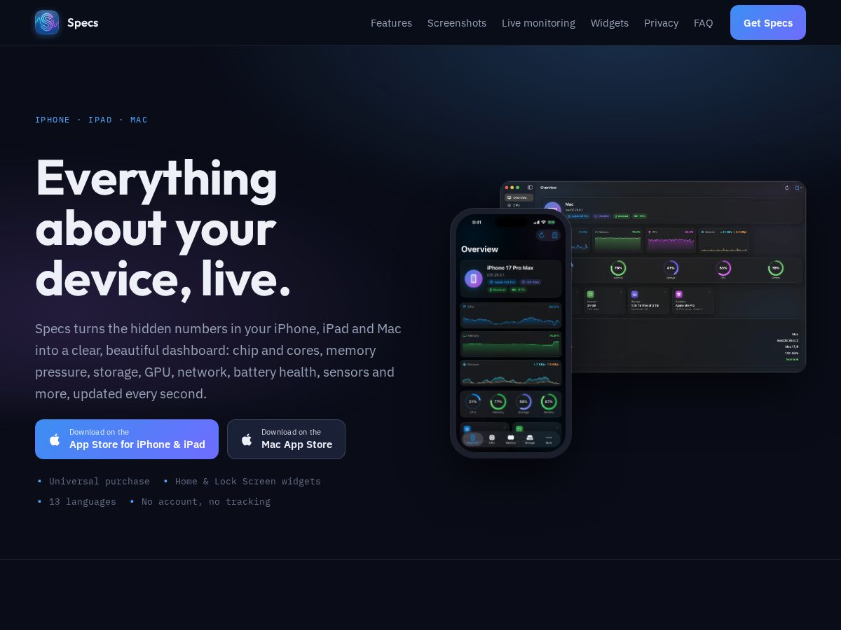 Landing-page snapshot of specs-app.com