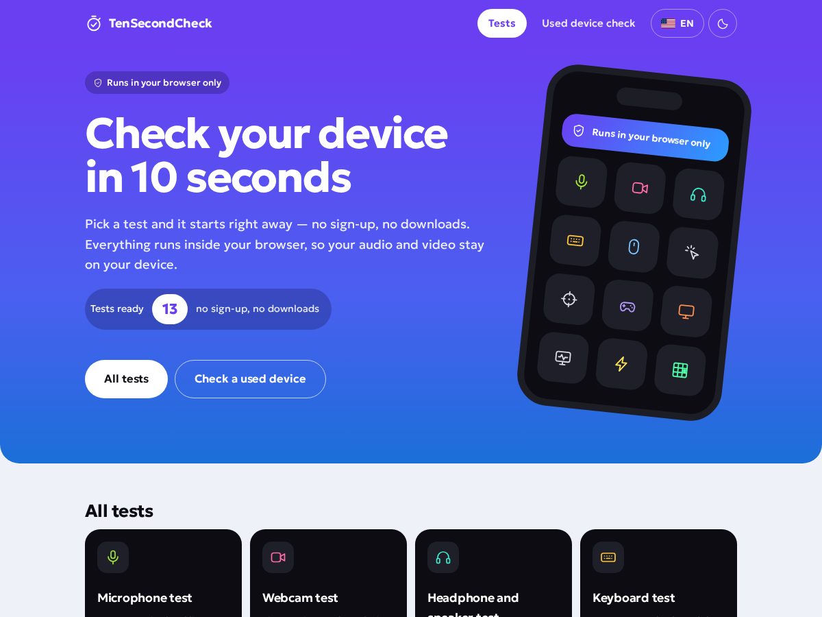Landing-page snapshot of tensecondcheck.com