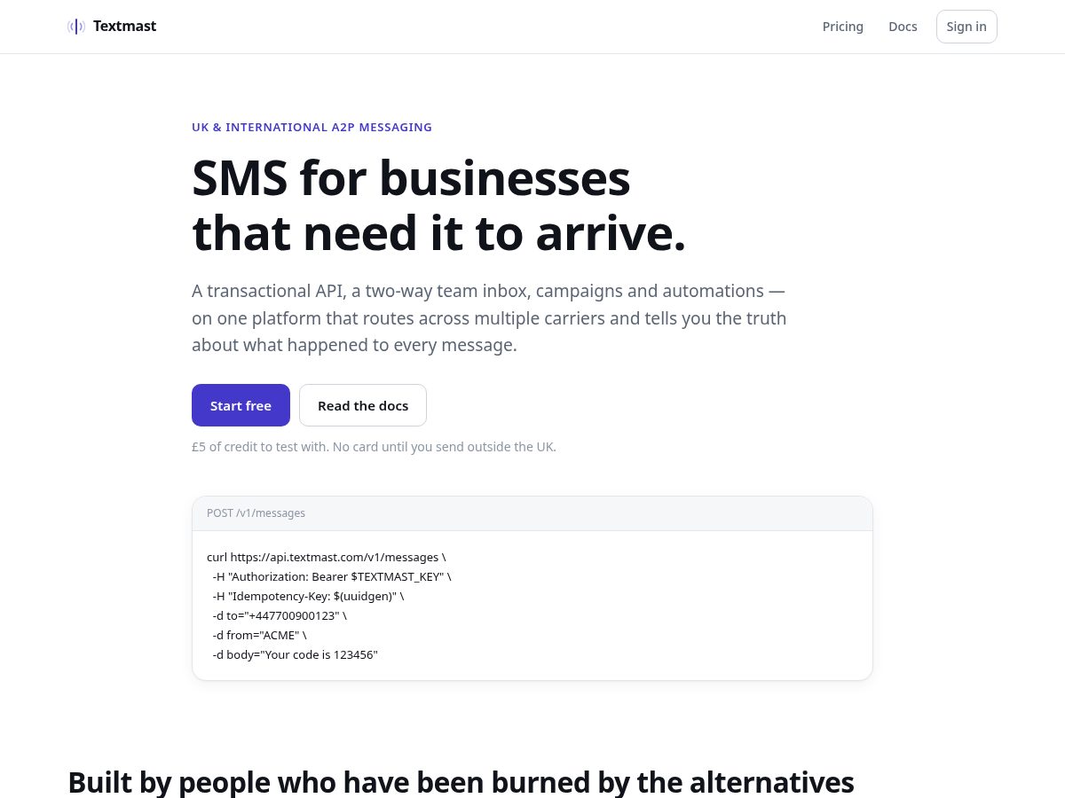Landing-page snapshot of textmast.com