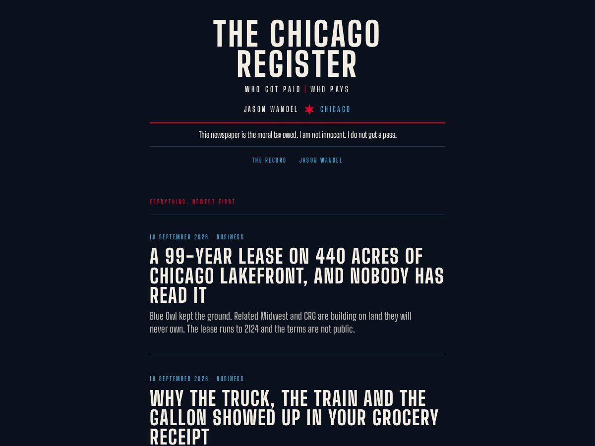 Landing-page snapshot of thechicagoregister.org